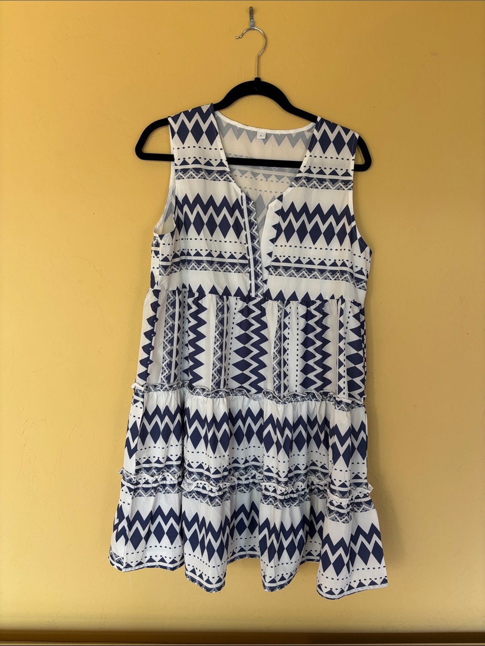 Source Unknown Navy and White Geo Tiered Dress